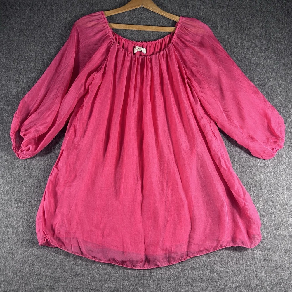Sofia Hot Pink Layered Puff Sleeve Silk Top Tunic Round Neck Casual Office SZ L?